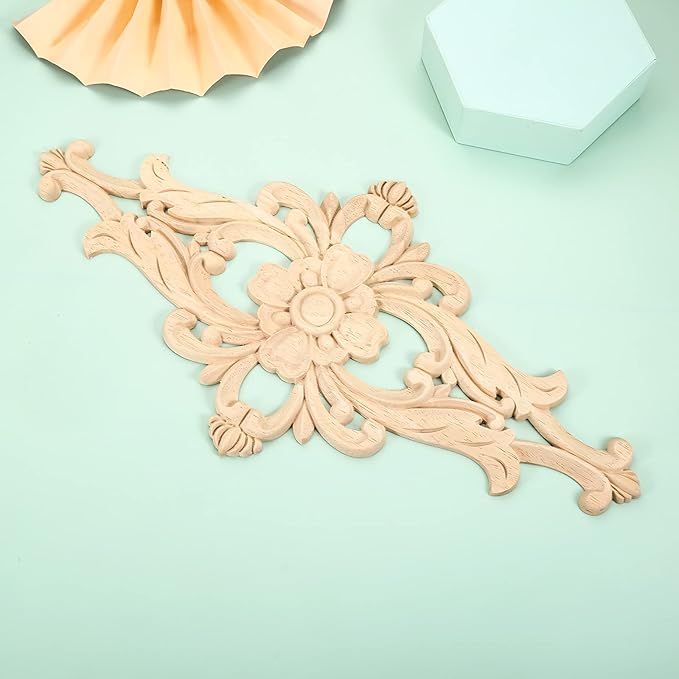 MUXSAM Wood Carved Appliques Furniture Decorative Onlays, 2Pcs Unpainted DIY Center Carving Decal for Door Wall Ceiling Cabinet Dresser Mirror Bed Mantel Bench Decoration, 32x16cm/12.6"x6.3"