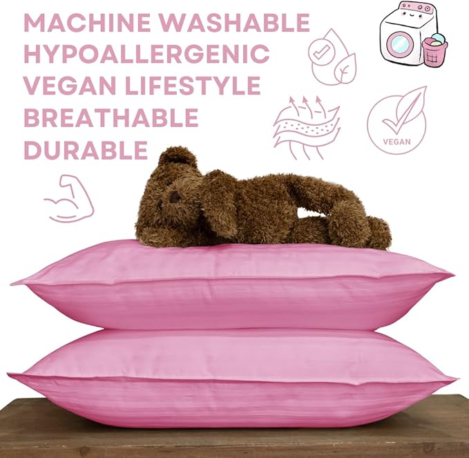 kinder Fluff Children Pillow (2-Pack) 13x18in– The Only 300TC Soft Cotton Pillow with Down Alternative Fill – Hypoallergenic, Machine Washable & Perfect for Kids 2+ Years- Pink- S