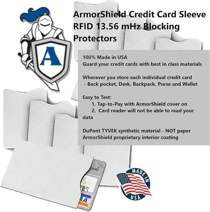 RFID Blocking Sleeves Credit Card Protector 100% MADE IN USA - Anti-theft for Travel wallet, purse. ArmorShield Your Identity (10PAK)