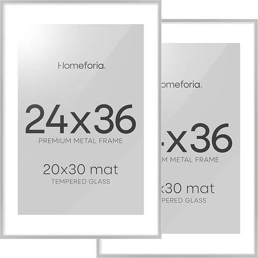 Homeforia Poster Silver Frame 24x36, High End Metal 24 x 36 Large Picture Frame with Mat 20 x 30 Photo, 24x36 Silver Frames Matted to 20x30 Print, 36x24 Thin Frames, Tempered Glass, Wall Kit, Set of 2