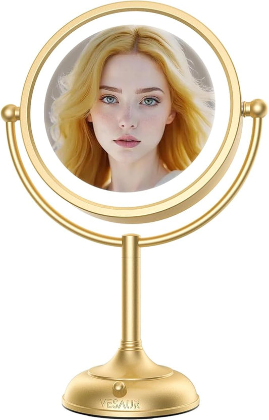 VESAUR 8.5'' Large Gold Lighted Makeup Mirror, 1X/10X Clear Seamless Magnifying Mirror, Bright Vanity Mirror with 3 Colors Dimmable Lights, Two-Sided 360°Rotation Stable Base, Luxury Nickel, Gift Box