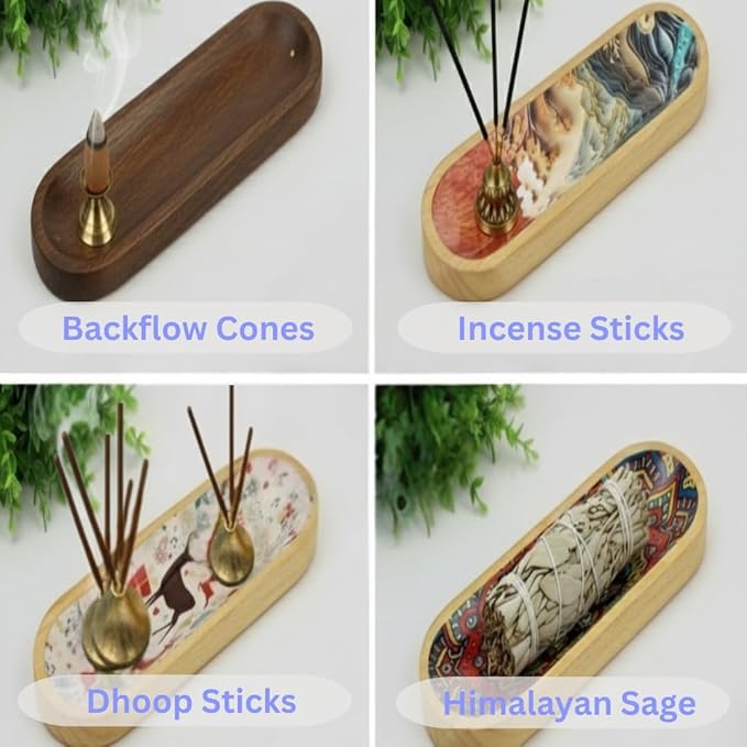 Bless-International Traditional-Handmade-Tray-Burner Wooden-Trat-Incense-Stick-Holder Ash-Catcher-Stand for-Aromatherapy-Meditation-Yoga (11x4x1.22 Inches)