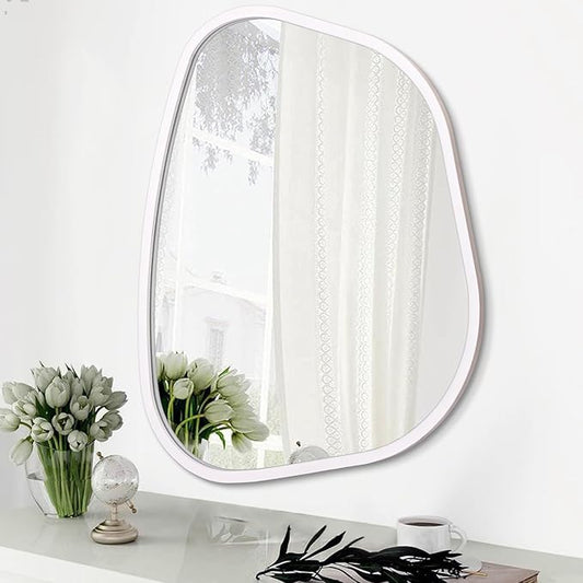 White Irregular Oval Wall Mirror Large 26"x18" Inches Asymmetrical Mirror Modern Wood Frame Unique Shape Wall Mounted Vanity Artistic Mirror Decor for Living Room Bedroom Bathroom Entryway