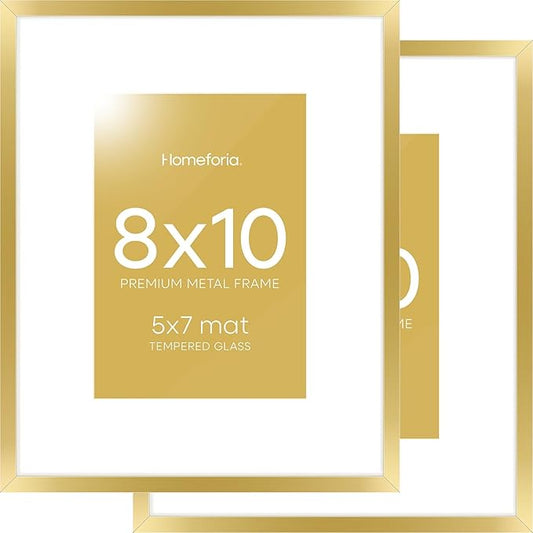 Homeforia 8x10 Picture Frame Gold, High End Metal 8 x 10 Photo Frames with Mat 5 by 7 Art, 10x8 Poster Frame Matted to 5x7 inch Print, 8by10 Wall or Tabletop Frames, Tempered Glass, Wall Kit, Set of 2