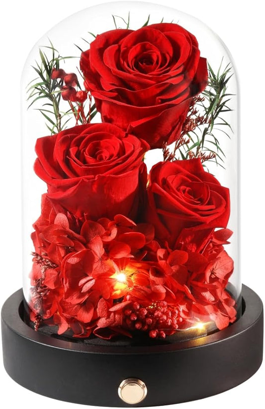 Forever Christmas Flowers for Delivery, Preserved Rose in Glass Dome with LED.Red Eternal Flowers Gifts for Women Wife Mom on Mothers Day, Valentines Day, Anniverysary, Birthday