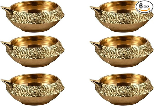 Hashcart Brass Kuber Diya Indian Puja Oil Lamp - Pack of 6 Pcs - Engraved Design - Diwali Diyas