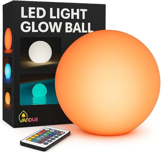 Vandue Color-Changing LED Light Ball – Rechargeable Glow Sphere with Remote – IP65 Waterproof RGB Night Light for Indoor/Outdoor, Pool, Garden, Party & Decor (10 Inch)