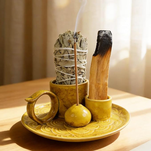 4-Inch 5-in-1 Yellow Ceramic Incense Holder | Multi-Use Smudge Tray for Palo Santo, Sage, Incense Sticks & Cones | Ideal for Candles & Meditation | Zen Altar for Yoga & Aromatherapy