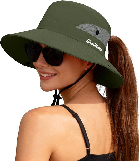 ZOORON Women's Ponytail Safari Sun Hat,Wide Brim UV Protection Outdoor Bucket Hat,Foldable Beach Summer Fishing Hat