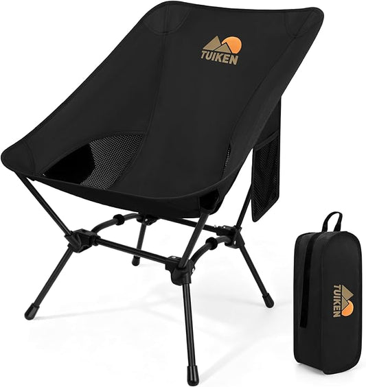 TUIKEN Ultralight Camping Chair Backpacking Chair, Portable Camp Chair with Cup Holder & Storage Bag, Lightweight Compact Folding Chair for Hiking, Travel, Picnic Mountaineering (Black)