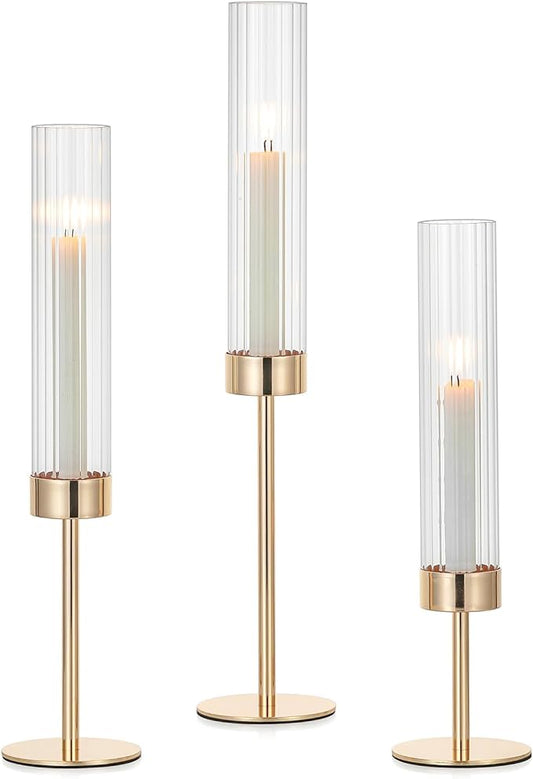 Hewory Gold Taper Candle Holders: Candlestick Holders Set of 3 Hurricane Glass Tall Candle Holder for Candlesticks Candle Sticks Holder Decor for Table Centerpiece Wedding Party Christmas Decorations