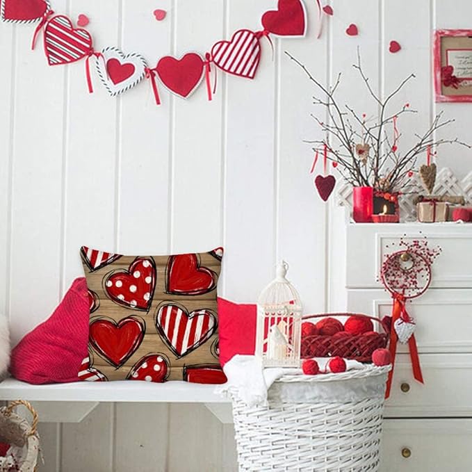 GEEORY Valentine's Day Love You More Hugs and Kisses Throw Pillow Covers 16x16 Inch Set of 4, Red Hearts Stripes Decorative Farmhouse Wedding Cushion Case for Home Decoration G652-16