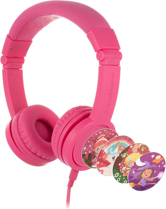 BuddyPhones Explore Plus | Foldable Kids Wired Headphones, Built-in Audio Sharing Cable with in-Line Mic - SafeAudio Volume-Limiting for Kindle, iPad, iPhone, or Android (Rose Pink)