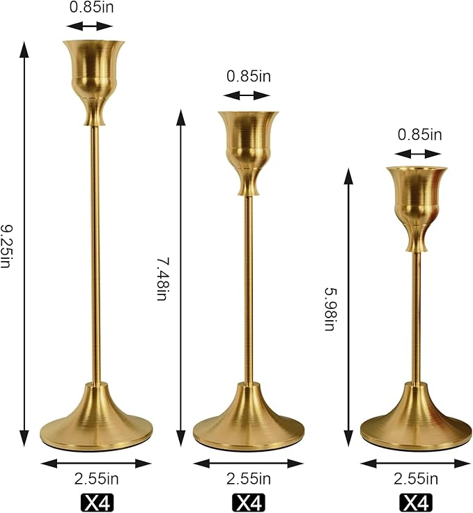 Set of 12 Brass Gold Taper Candle Holders, Candlesticks Holders Bulk, Vintage Candlestick Holder Decorative Metal Candle Sticks Home Decor Centerpieces for Table Mantel Festive Decorations
