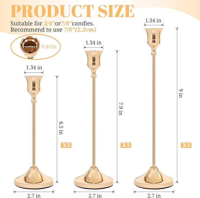 Candlestick Holders 15 PCS, Metal Taper Candle Holder, Gold Candle Holders for Pillar Candles, Vintage Dining Table Centerpiece Decorations for Wedding Party Christmas Halloween Decor