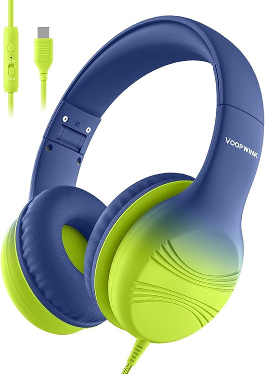 USB Type C Kids Headphones, Wired Headphones for Kids with Microphone 85/94dB Volume Limit, Stereo Sound Portable Over Ear Headphones for School/Travel/Tablet/iPad, Blue Lemon