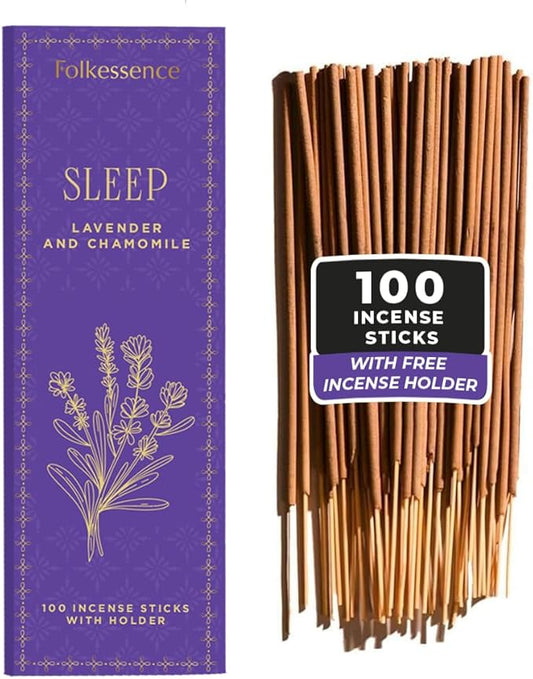 Folkulture Incense Sticks with Holder (100 Sticks)| Lavender & Chamomile Incense Sticks for Deep Sleep, Aromatherapy, Relax Stress |No Charcoal,Organic,Non Toxic, 45 Mins, Long Burning Insence-Sticks