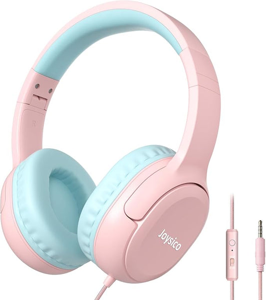 Kids Headphones with Cord & Mic for School Class Airplane Travel, 85/94dB Volume Limit Over Ear Earphones for Boys Girls Teens, Wired Foldable Headset for iPad Tablet Kindle Laptop PC Pink