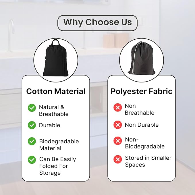 LFH Home Large Premium Cotton Canvas Laundry Bag with Drawstring and Handles Heavy Duty, Multi-Use, and Washable for Home, Travel, College or Storage 20x30 (Pack of 2)-Black
