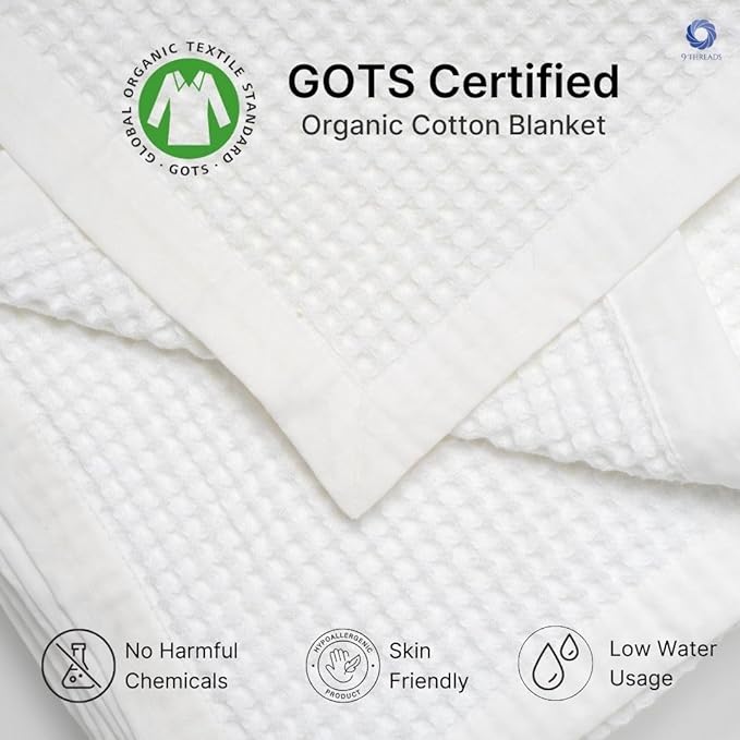 GOTS Certified Organic Cotton Waffle Weave Blanket, Throw Bed Blanket,50"X60" Cozy Throw Blanket for Couch, Modern Home Decor, Throw Blankets, Comfy Waffle Blanket & Soft Bed Blankets -White