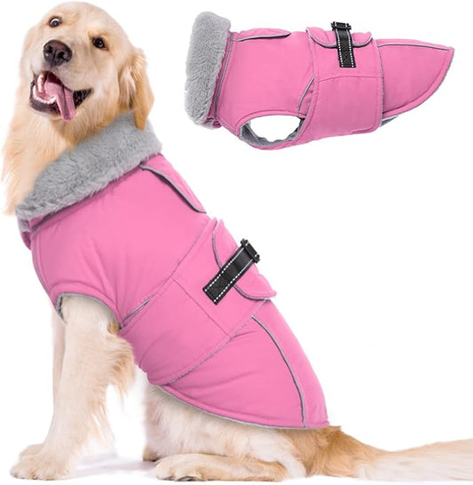 Lelepet Warm Dog Coats for Extra Large Dogs Waterproof Dog Winter Jacket Reflective Pet Fleece Vest Windproof Cold Weather Coats with Adjustable Buckle & Leash Hole, Pink, XXXL