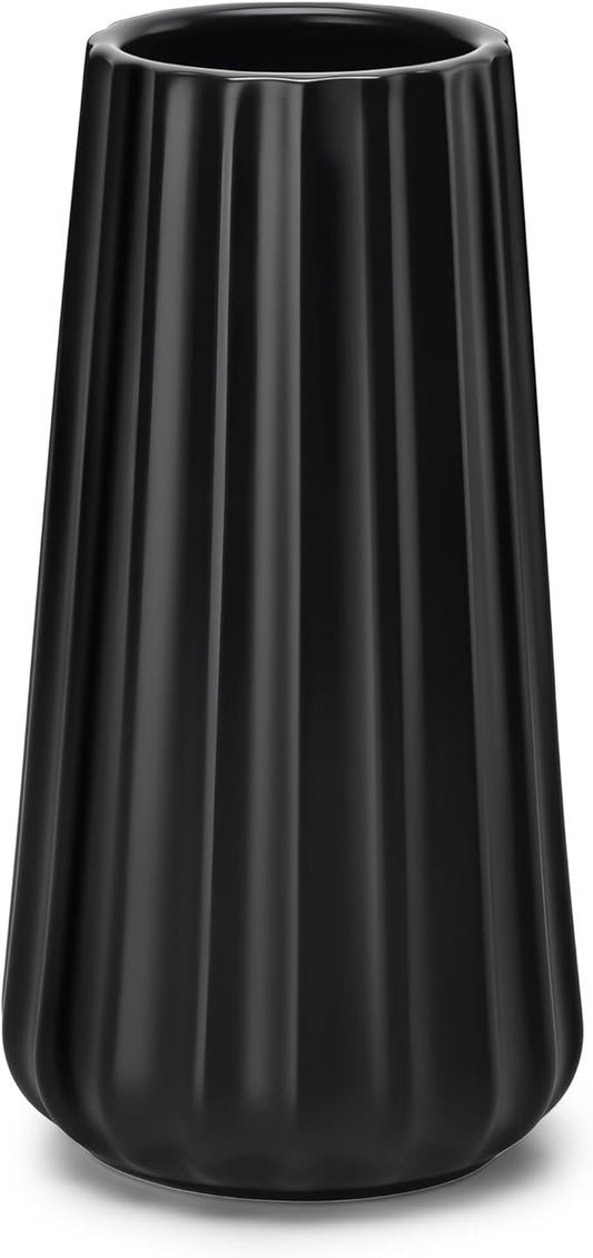 vancasso Ceramic Vase, 7.8 Inch Modern Ribbed Glossy Decorative Vase, Flower vase for Home Decor, Living Room, Bedroom, Office Decor, Black