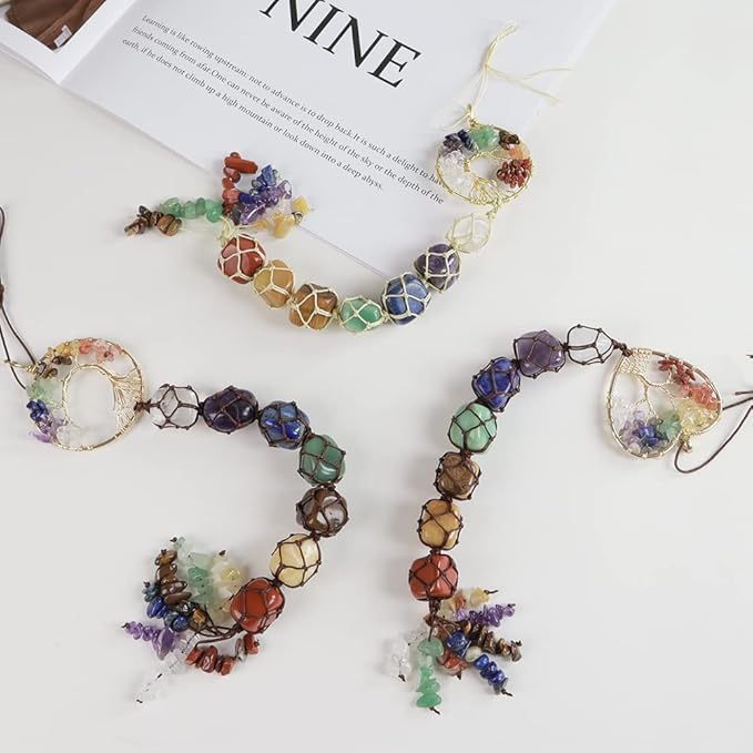3 Pieces of 7 Chakras Healing Crystals and Tree of Life Wall Hanger Tumbled Gemstones Meditation Hanging Ornament Christmas Tree Memorial Hanging Pendant (Style 3)