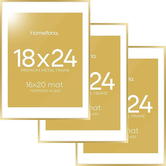 Homeforia 18 x 24 Poster Frame Gold, High End Metal 18x24 Picture Frames with Mat 16x20 Photo, 18 x 24 Gold Frame Matted to 16 by 20 Print, 24x18 Thin Hanging Frame, Tempered Glass, Wall Kit, Set of 3