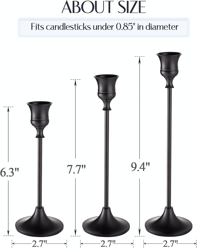 Willceka Black Candlestick Holders, Taper Candle Holders, Set of 6 Matte Black Candle Holder Set, Vintage Table Centerpiece for Wedding Christmas Holiday