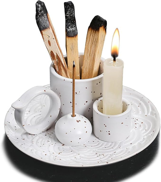 4 in 1 Ceramic Incense Burner Holder with Handle for Burning Sage, Palo Santo Stick, Joss Sticks, Candle in Your New House, Office, Yoga, Meditation Room (White)