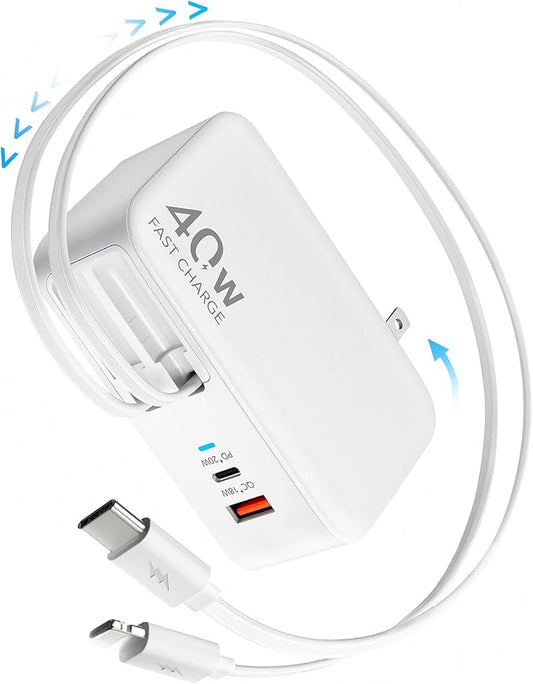 4-in-1 Retractable Gan Wall Charger Plug for iPhone 17 USB C,Travel Essentials Brick Multiport,3ft Lightening+ Type C Cables,40W Fast Charging Foldable Block for iPhone 17 Pro/16/15/14/13,iPad,Galaxy