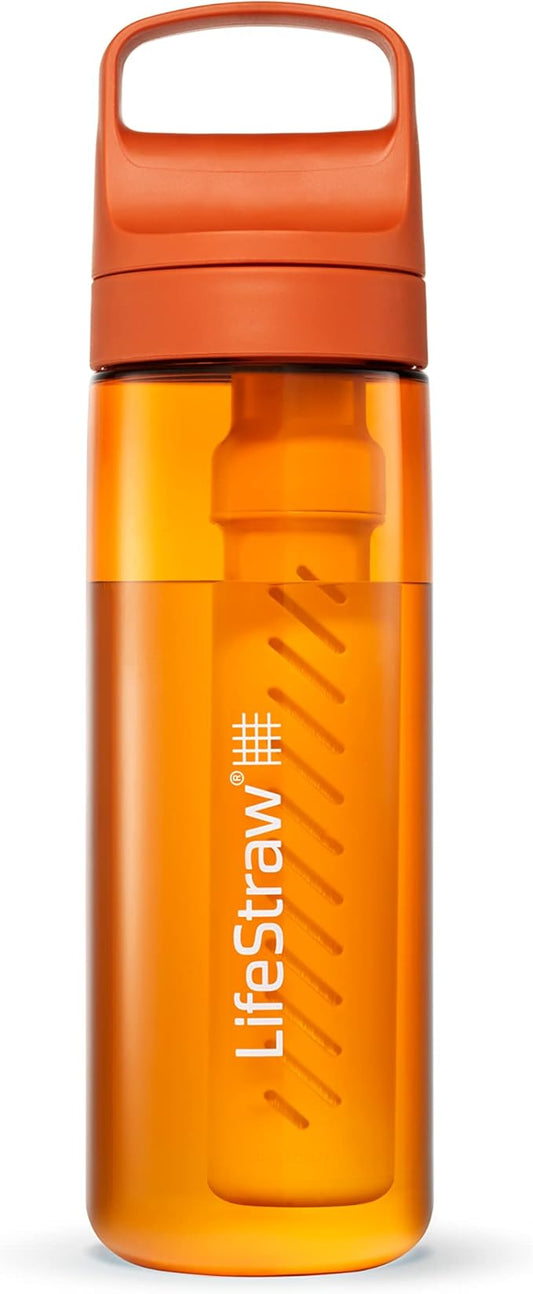 LifeStraw Go Series – BPA-Free Water Filter Bottle for Travel and Everyday use removes Bacteria, parasites and microplastics, Improves Taste, 22oz Kyoto Orange