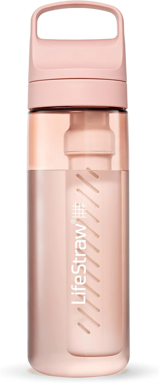 LifeStraw Go Series – BPA-Free Water Filter Bottle for Travel and Everyday use removes Bacteria, parasites and microplastics, Improves Taste, 22oz Cherry Blossom Pink