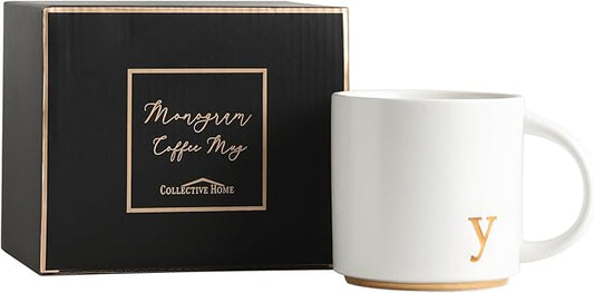 COLLECTIVE HOME - Monogram Ceramic Mugs, 15 oz Golden Initial Coffee Cups, Elegant Alphabet Tea Mugs, Elegant Personalized Mug with Gift Box, Luxurious Cups for Office and Home (y)