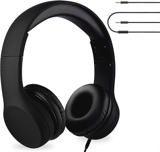 LilGadgets Connect+ Foldable Headphones, Adjustable Fit Soft Touch Padding for Kids with Mic, Volume-Limited & Noise Reduction On-Ear Wired Headset for School with SharePort - Black, Ages 3-14