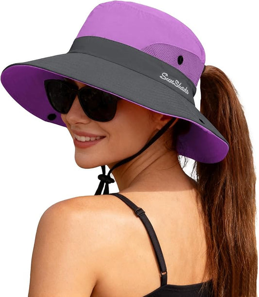 ZOORON Women's Ponytail Safari Sun Hat,Wide Brim UV Protection Outdoor Bucket Hat,Foldable Beach Summer Fishing Hat