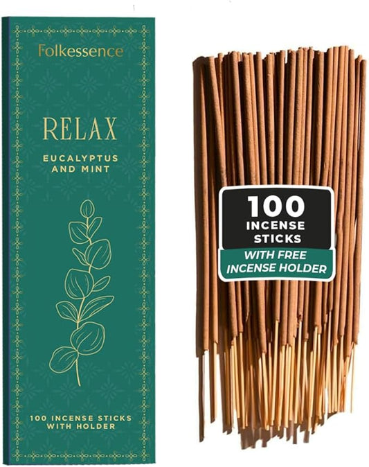 Folkulture Incense Sticks with Holder (100 Sticks)| Eucalyptus Incense Stick for Meditation, Aromatherapy, Realxation Gifts | No Charcoal,Organic,Non Toxic, 45 Mins, Long Burning Insence-Sticks