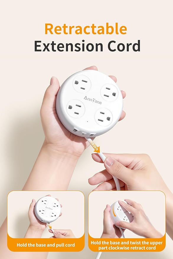 UK Travel Plug Adapter - Retractable Power Strip with 4 AC Outlets & 3 USB Ports (USB-C), Type G Adapter for US to UK, Ireland, Scotland, Hong Kong, Dubai (White)