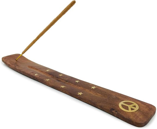 Incense Holder with Peace Sign - Wooden Tray Incense Burner Holder with Brass Inlay - for Incense Sticks, Meditation Accessories, Room Decor - 10 Inches
