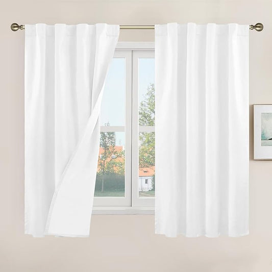 LAMIT 100% Blackout White Linen Curtains 48 Inches Long, Linen Textured Living Room Kitchen Window Curtains Full Room Darkening Back Tab and Rod Pocket Panels with White Liner, 2 Panels, 34 x 48 Inch