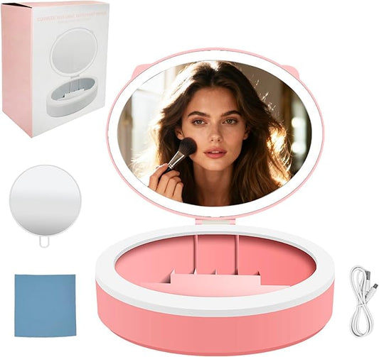 LED Mskeup Mirror with Storage, 4K high-Definition Touch Screen Travel Vanity Mirror with 3 Types of Lights, USB Charging, Magnetic 3-inch 10x Magnifying Glass (Pink)