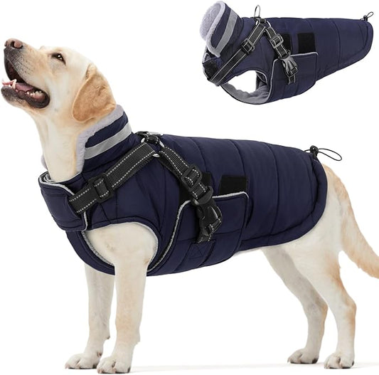 Queenmore Winter Dog Jackets for Large Dogs XXL, Waterproof Winter Coat for Extra Large Pitbull Danes, Warm Puffer Snow Jacket for Cold Weather - Fleece Lining Hook & Loop Closure Reflective, Navy