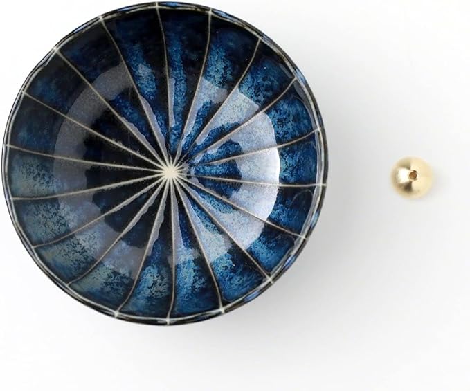 Asayu Japan Lotus Incense Holder for Sticks 4.1 inch (105 mm), Traditional Made in Japan Ceramic Ash Catcher and Brass Incense Burner Set - Navy Dark Blue Lotus