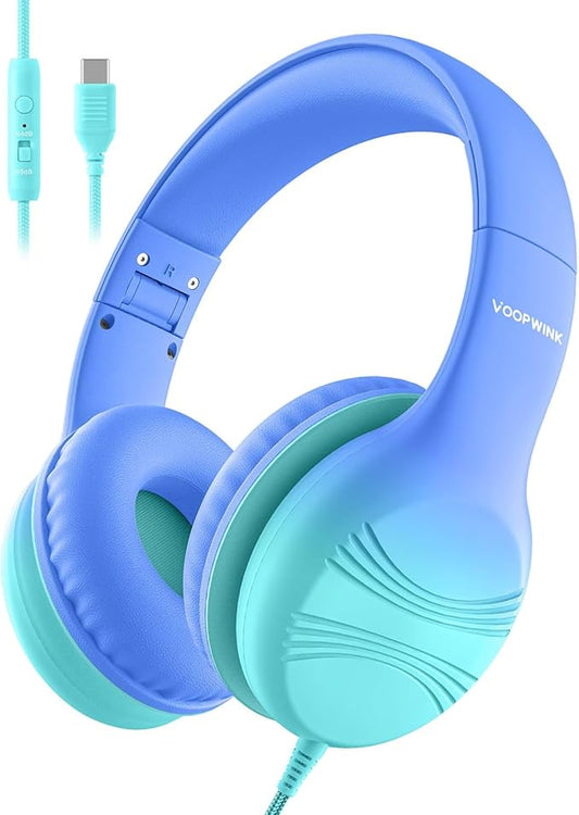USB Type C Kids Headphones, Wired Headphones for Kids with Microphone 85/94dB Volume Limit, Stereo Sound Portable Over Ear Headphones for School/Travel/Tablet/iPad, Gradient Blue