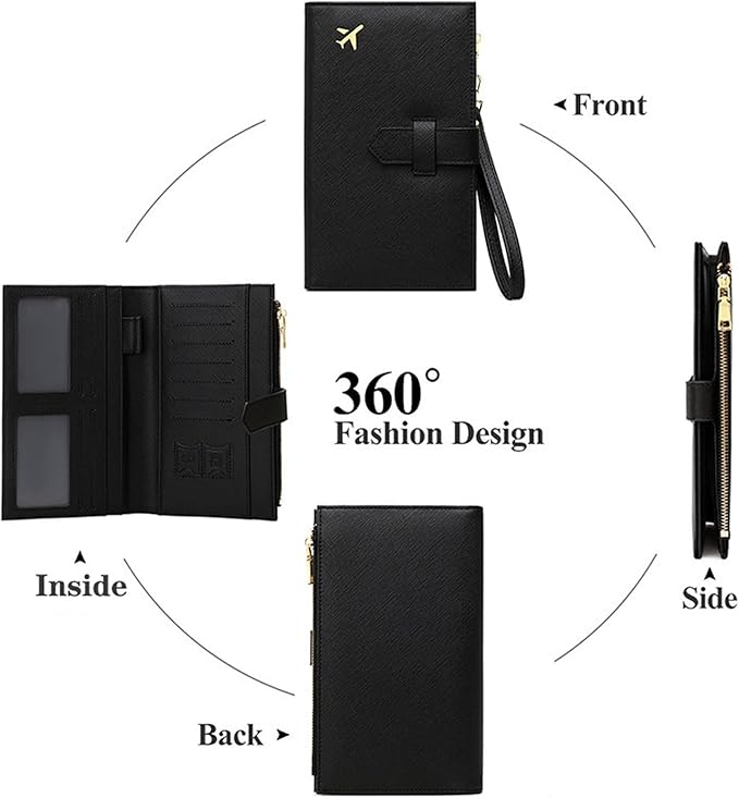 Waterproof Family Passport Organizer with RFID Blocking Genuine Leather Document Holder Card Slots Travel Wallet for Women Men Black (Black)