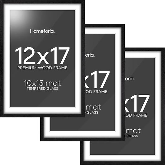 Homeforia 12x17 Picture Frame Black Wood, High End Oak 12x17 Poster Frames with Mat 10x15 Photo, 12 x 17 Wooden Frame Matted to 10 by 15 Print, 17x12 Hanging Frames, Tempered Glass, Wall Kit, Set of 3