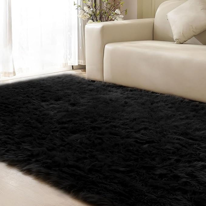 Black Rugs for Living Room 8x10 Area Rugs for Bedroom Shag Washable Faux Sheepskin Fuzzy Fur Rug Large Boho Nursery Rug