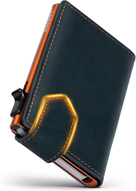 LORZOR Slim Wallet for Men with Security Latch, Pop Up Metal Card Holder Wallet, Finest Full Grain Leather Bifold Wallets, Smart, Minimalist, RFID Blocking, Front Pocket, ID Window
