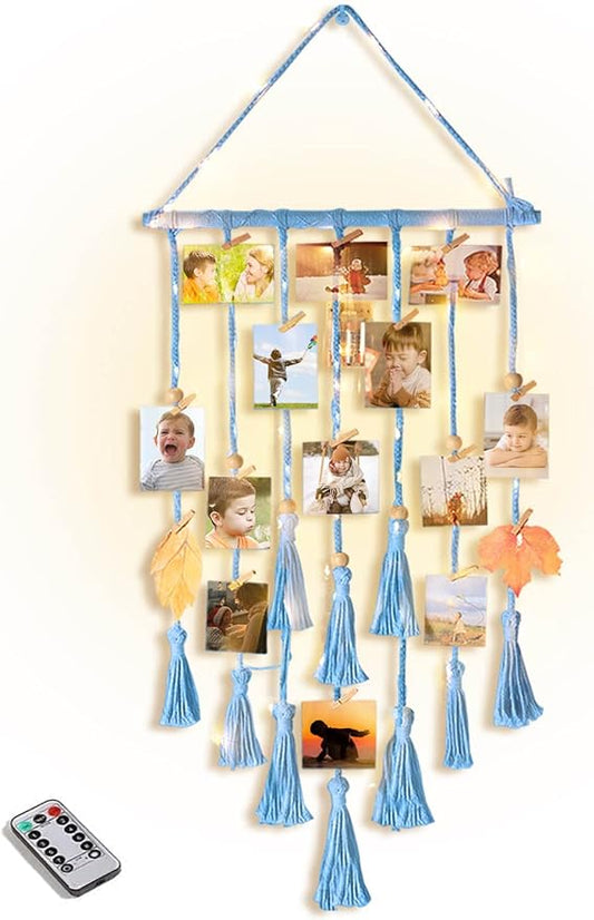 Homecor Hanging Photo Display Wall Decor, Blue Macrame Hanging Boho Room Bedroom Decor, Picture Frame Collage with Light & 30 Clips, Christmas Teenage Teen Girl Gifts Ages 10 11 12 13 14 Years Old