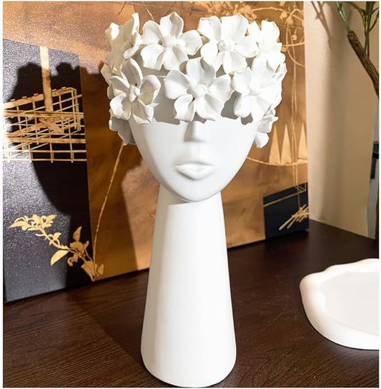Ceramic Sculpture Female Head Face Flower Vase Decoration, Unique White Centerpiece for Home Decor